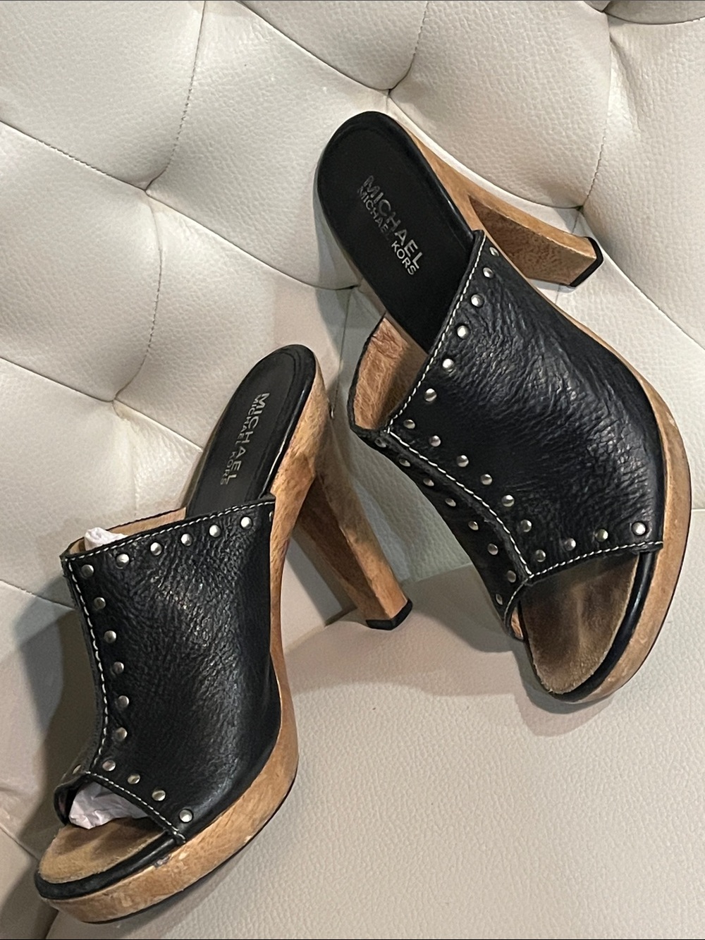 MICHAEL Michael Kors Black Leather Studded Wood-Platform Mules